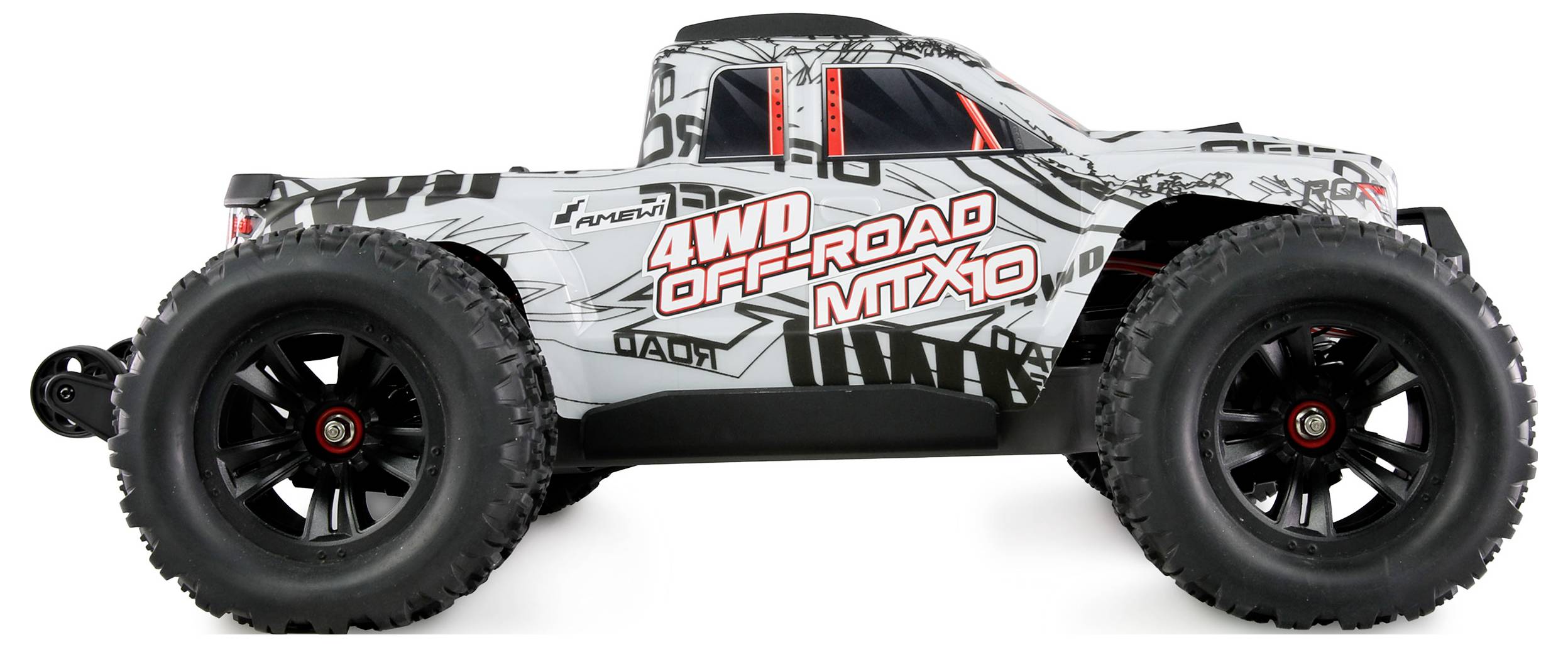 Igračka automobil u off-road dizajnu s velikim gumama i natpisom '4WD Off-Road MTX-10' sa strane.