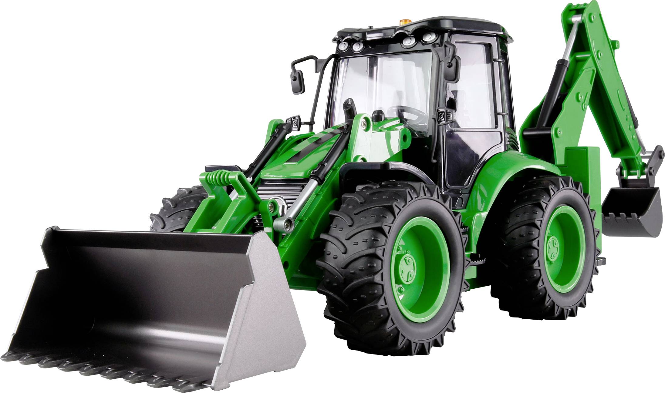 Zeleni traktor s prednjim utovarivačem i stražnjim bagerom, na bijeloj pozadini.