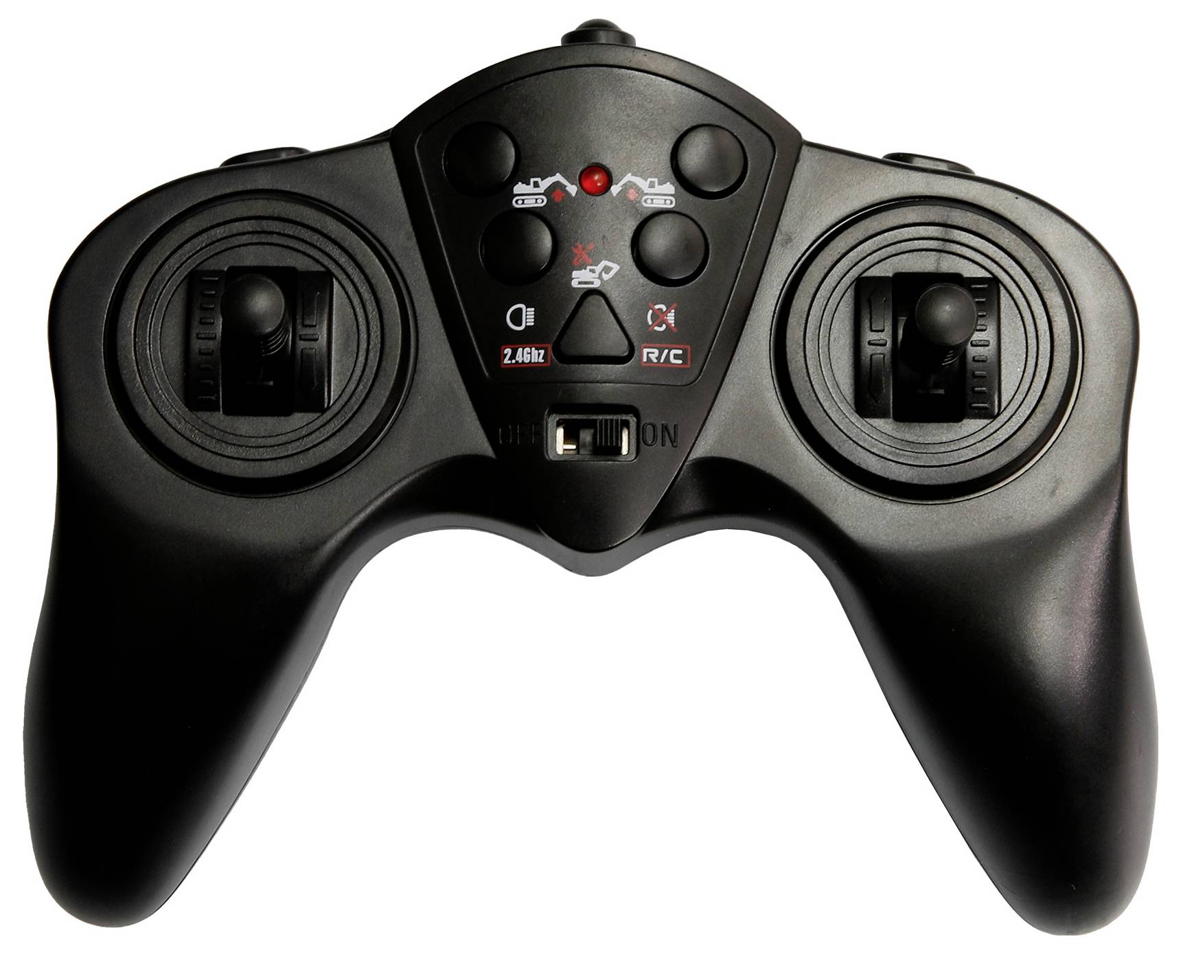 Crni kontroler za igre s dva joysticka i nekoliko tipki za upravljanje, često korišten za videoigračke konzole ili daljinski upravljane uređaje.