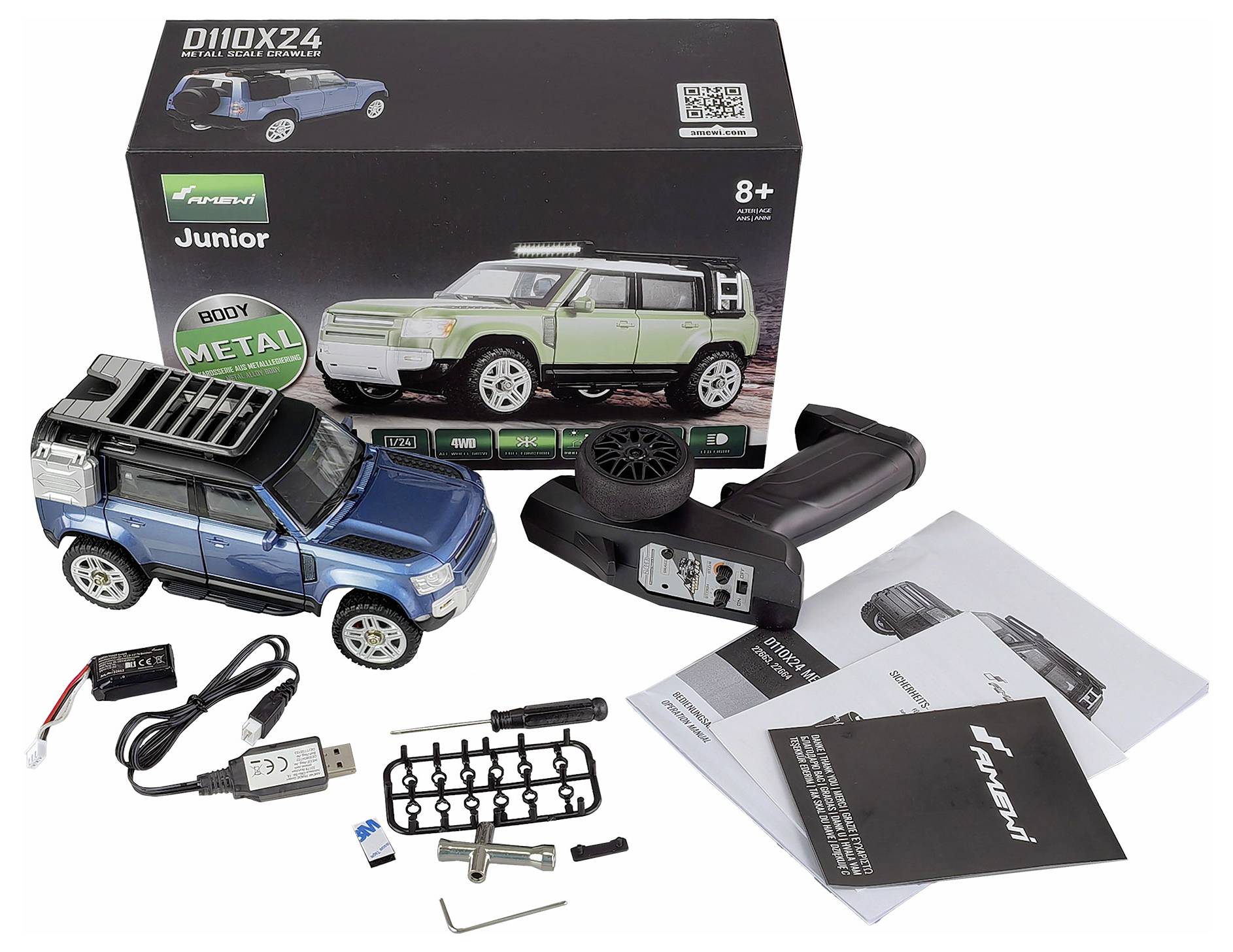 Daljinski upravljani komplet za sastavljanje automobila za djecu od 8 godina, s uputama, USB punjačem i daljinskim upravljačem. Glavna boja: plava.