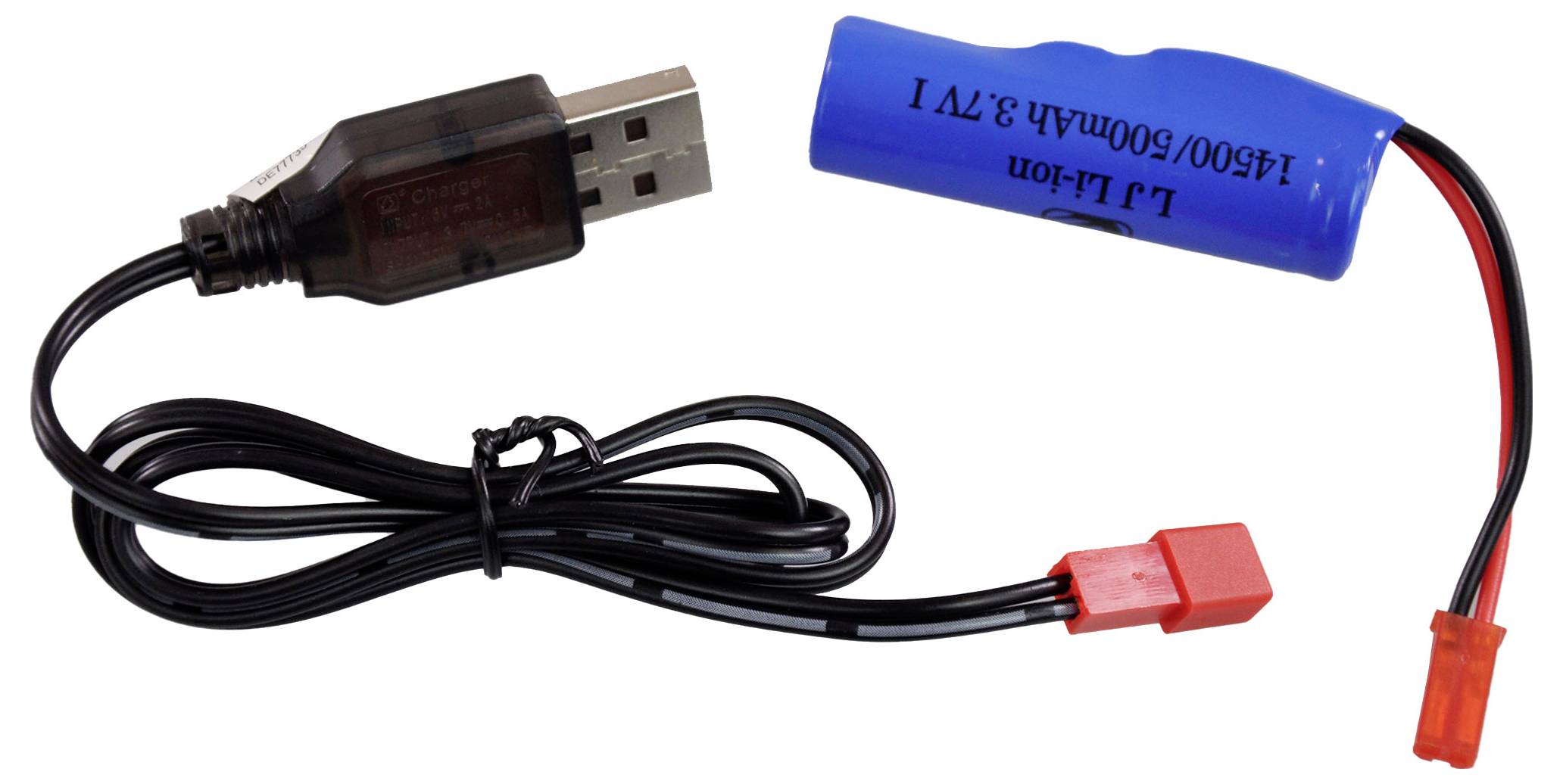 USB punjački kabel s crnim kabelom, povezan s plavom litij-ionskom baterijom označenom kao '3,7V, 650mAh'.