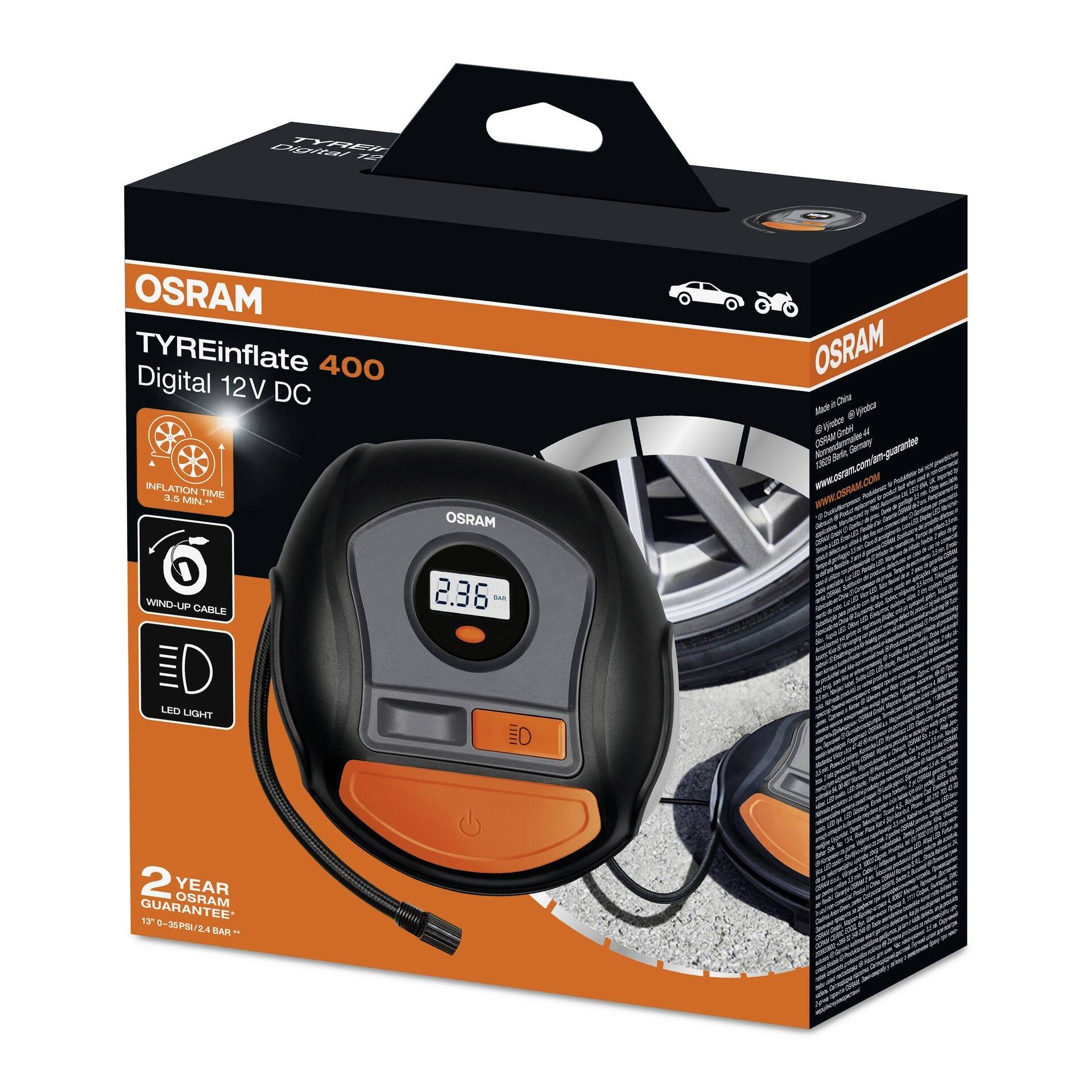 Osram TYREinflate 400 auto-pumpa za gume, 12V DC, s digitalnim zaslonom, LED svjetlom i 2 godine jamstva. Pakiranju je prikazana auto guma.
