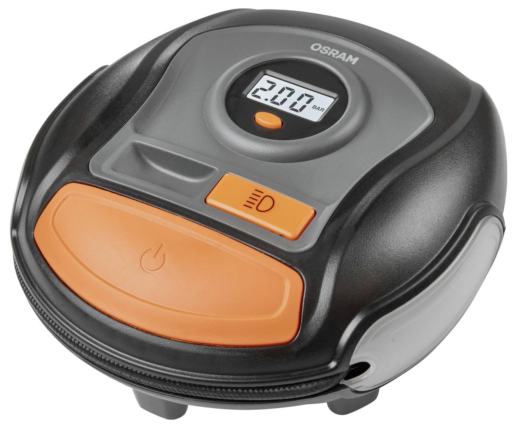 Električna pumpa za zrak s digitalnim zaslonom za prikaz tlaka u gumama od 2,00 bara, narančaste i crne boje, od OSRAM-a.