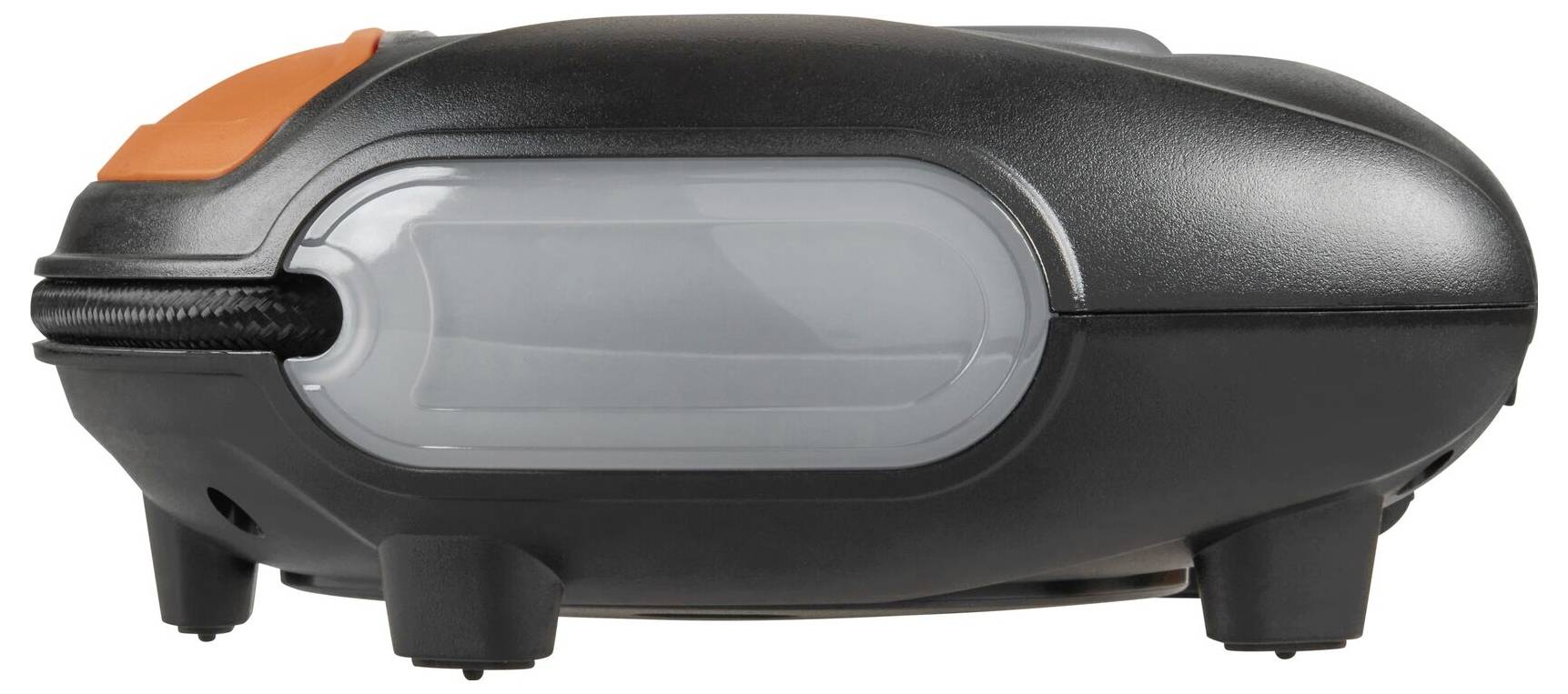 Pogled sa strane na crni, pravokutni uređaj s narančastom tipkom i sivim, prozirnim elementom.