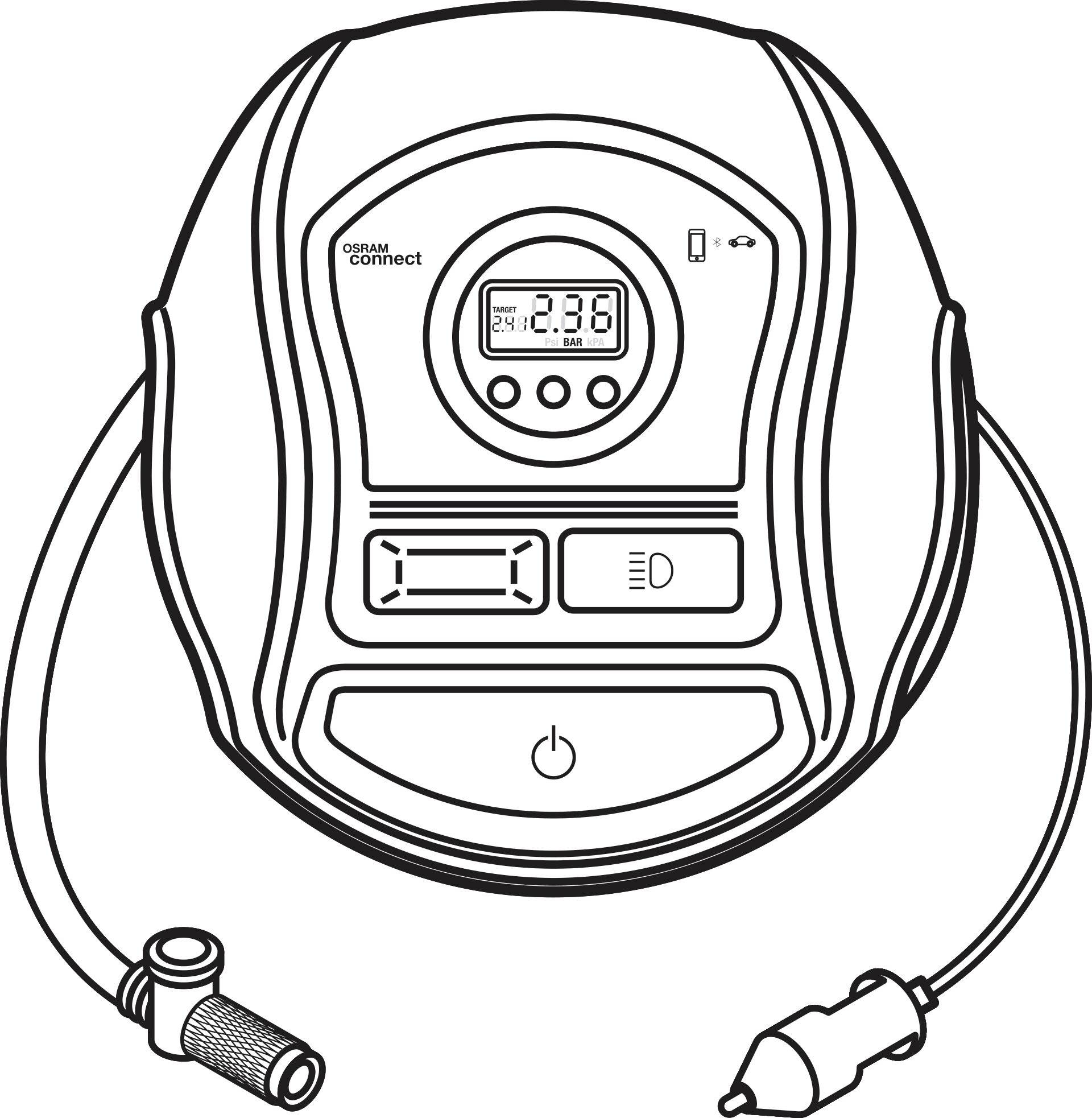 Električna autopumpa za napuhavanje s digitalnim zaslonom i tipkama za upravljanje, prikazana sa strujnim kabelom i zračnom crijevi.