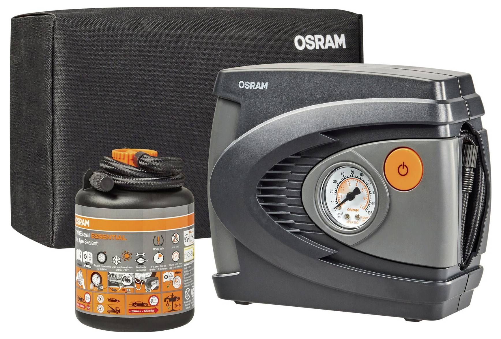 'OSRAM set za popravak guma sa kompletom za kompresiju i posudom za brtvilo. Paket u pozadini. Pogodan za hitne popravke.'