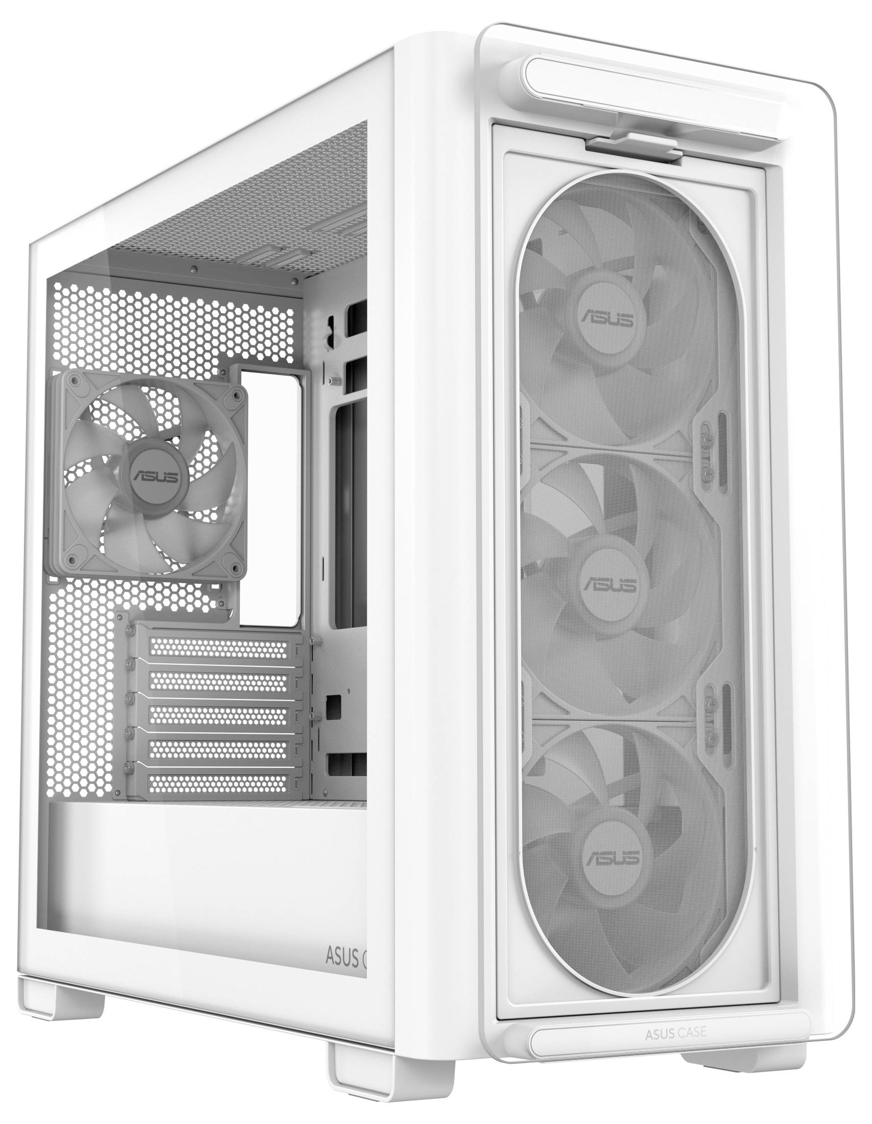 Bijelo kućište računala s prozirnom bočnom stranicom, vidljiva tri prednja ventilatora i jedan stražnji ventilator.