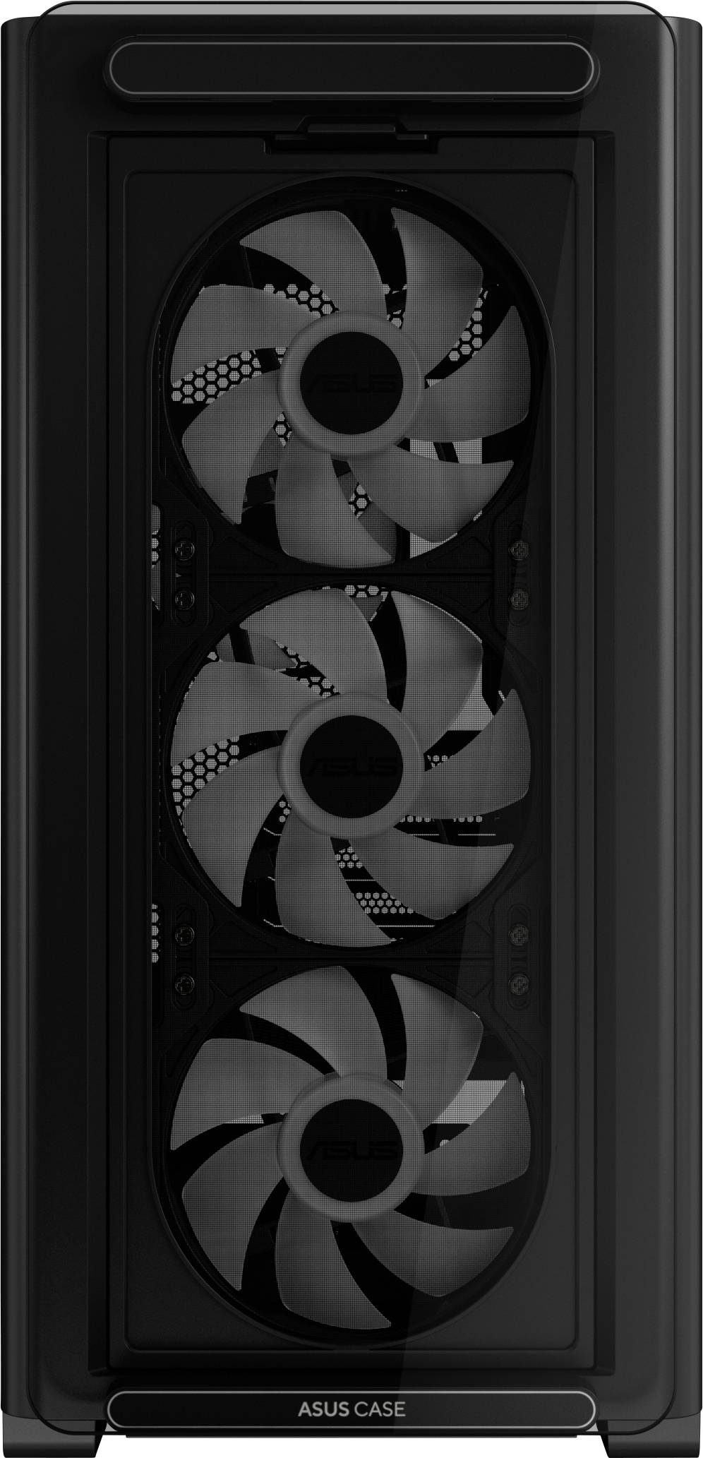 Crni kućišta računala s prozirnom stranicom prikazuje tri velika hladnjačka ventilatora. Oznaka 'ASUS CASE' nalazi se na donjem dijelu.