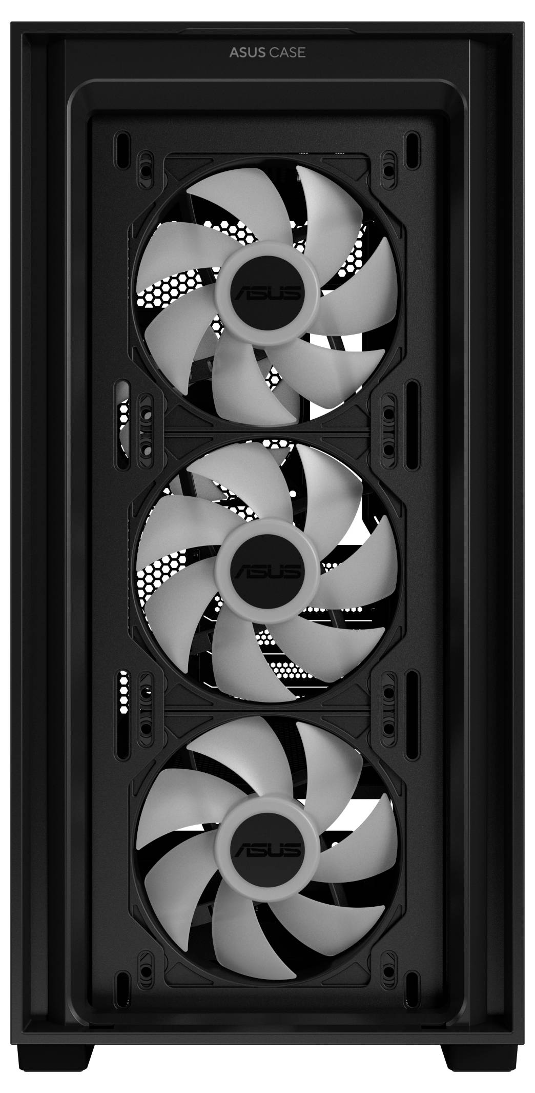 Crno kućište PC-a s tri vidljiva ventilatora na prednjoj strani. Gore je prepoznatljiv naziv marke 'ASUS'.