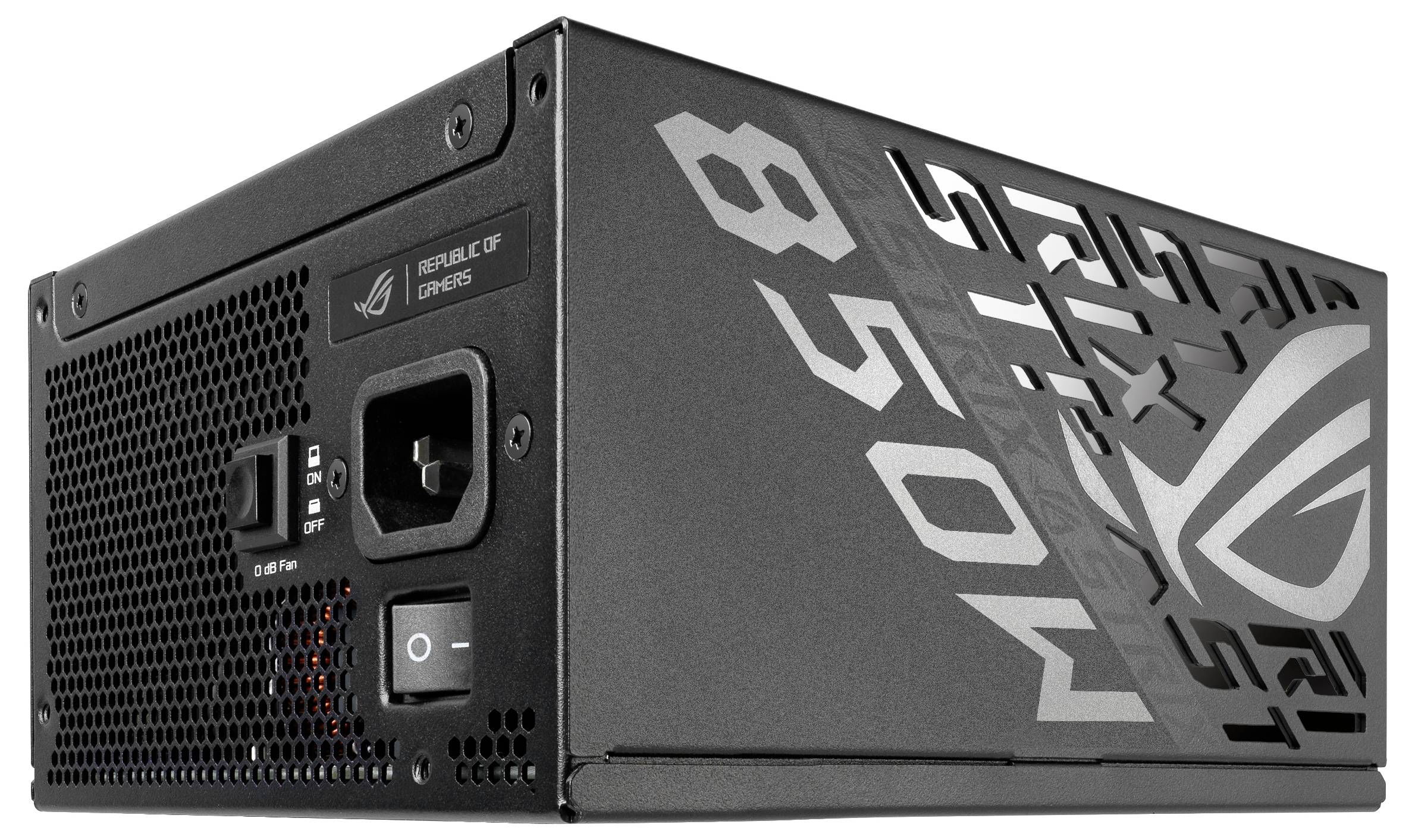 Crno računalno napajanje sa ventilacijskim otvorima i natpisom 'ROG STRIX 850W'. Prikazuje prekidač i priključak za električni kabel.