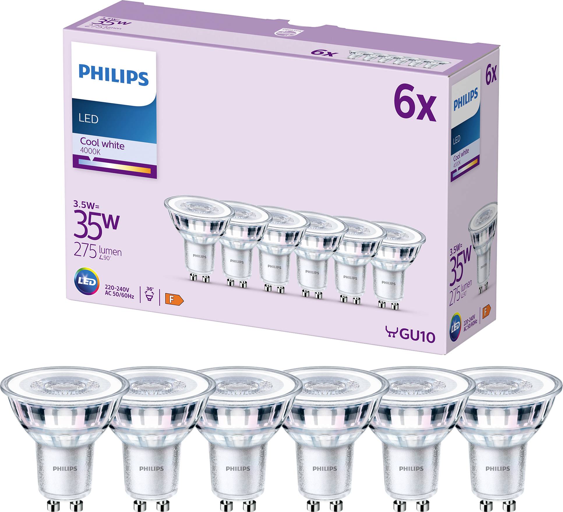 Šest LED žarulja Philips snage 35 watta i 275 lumena, boje svjetla "Cool White" 4000K, u ljubičastoj ambalaži.