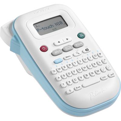Bijeli prijenosni uređaj za oznake s QWERTZ tipkovnicom i malim zaslonom na kojem piše 'P-touch M10'.