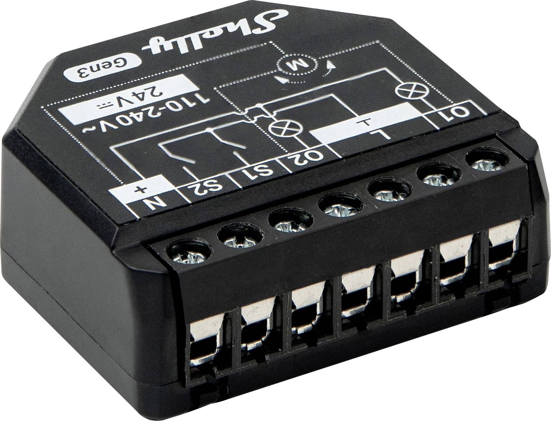 Električki modul za upravljanje uređajima s više priključnih stezaljki; prikazuje električni dijagram i raspon napona 110-240V, 24V.