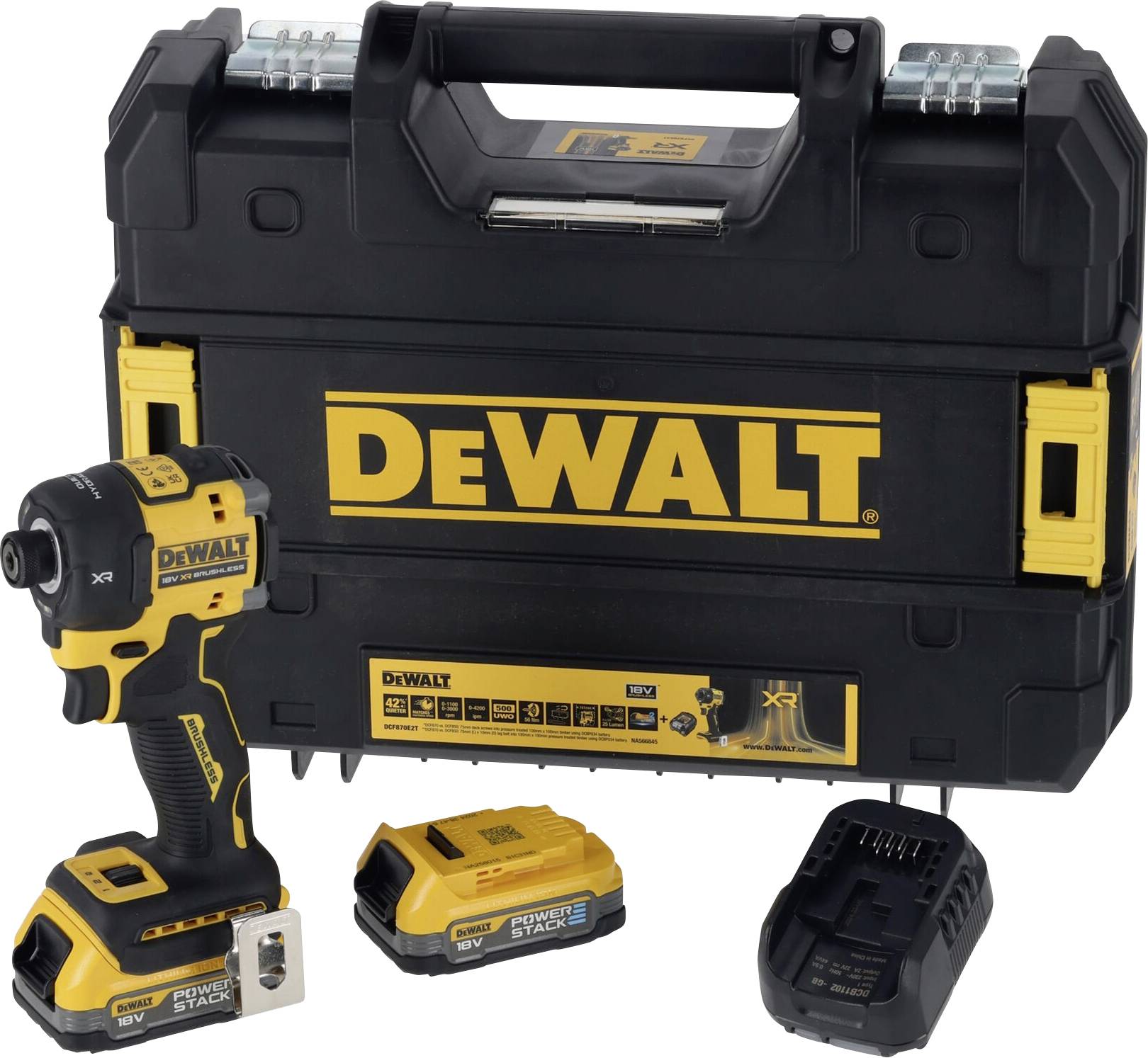 DEWALT DCF870E2T-QW DCF870E2T-QW Slagskruvdragare batteri 18 V Antal batterier som ing&aring;r 2 1.7 Ah borstfri, inkl. 2x batterier, inkl. laddare