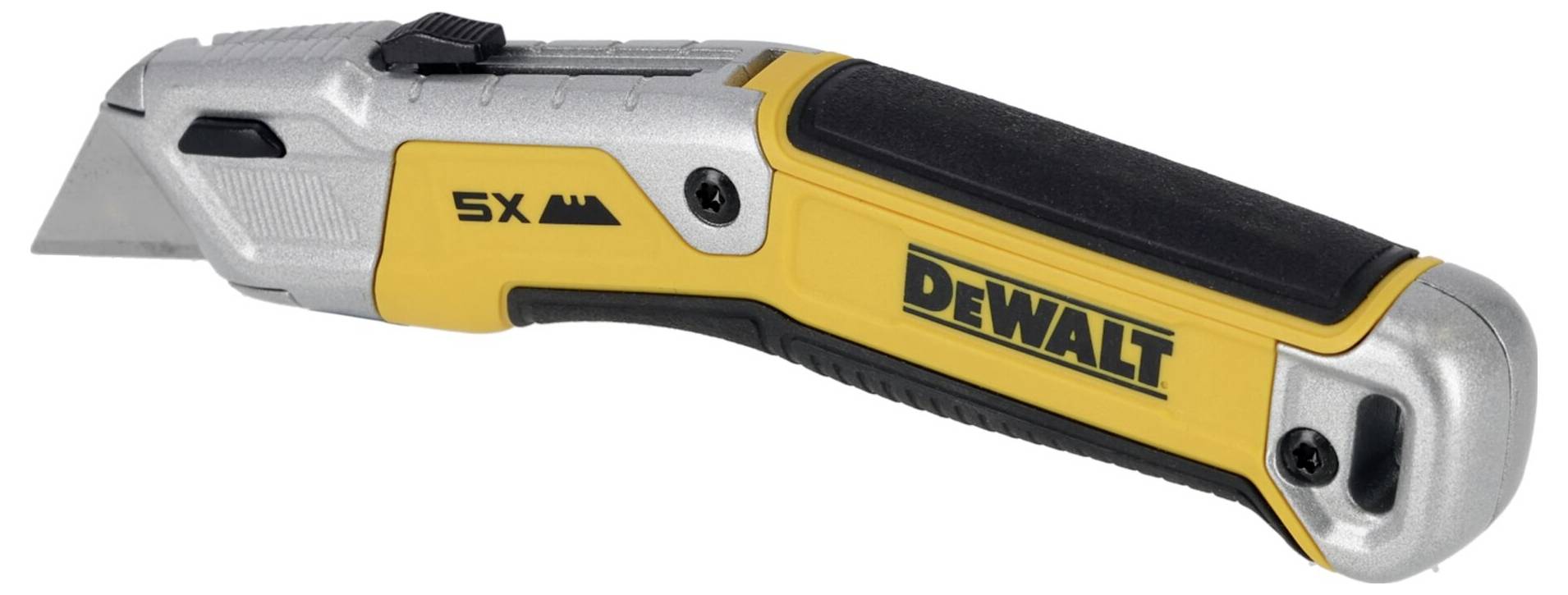 Žuti i crni DeWalt univerzalni nož s uvlačivom oštricom, leži na strani.