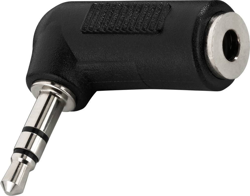 3,5-mm kutni adapter u crnoj boji s muškim i ženskim priključkom, pogodan za slušalice ili audio uređaje.