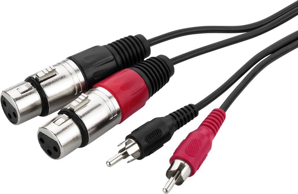 Dva audio kabela s XLR utikačima i dva Cinch utikača, crni i crveni, na bijeloj pozadini.