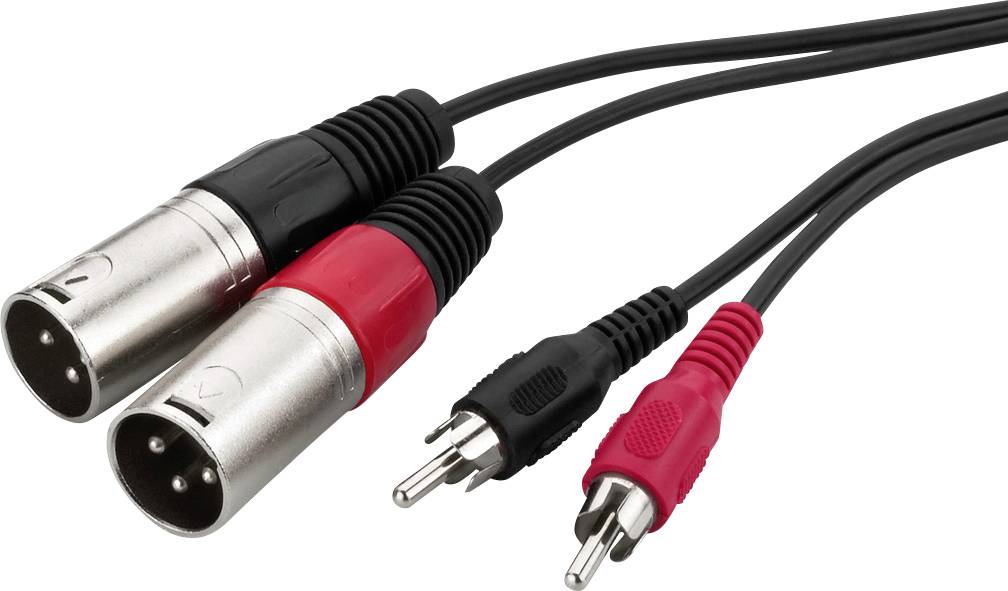 XLR kabel, muški utikač, crne i crvene boje, spojen s Cinch utikačima, također crne i crvene boje, na bijeloj pozadini.
