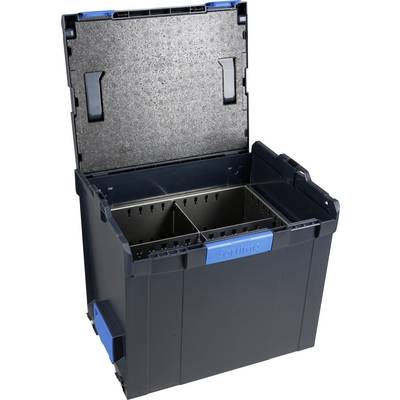 Otvorena crna plastična kutija s dvije pregradne stjenke i plavim poklopcem.