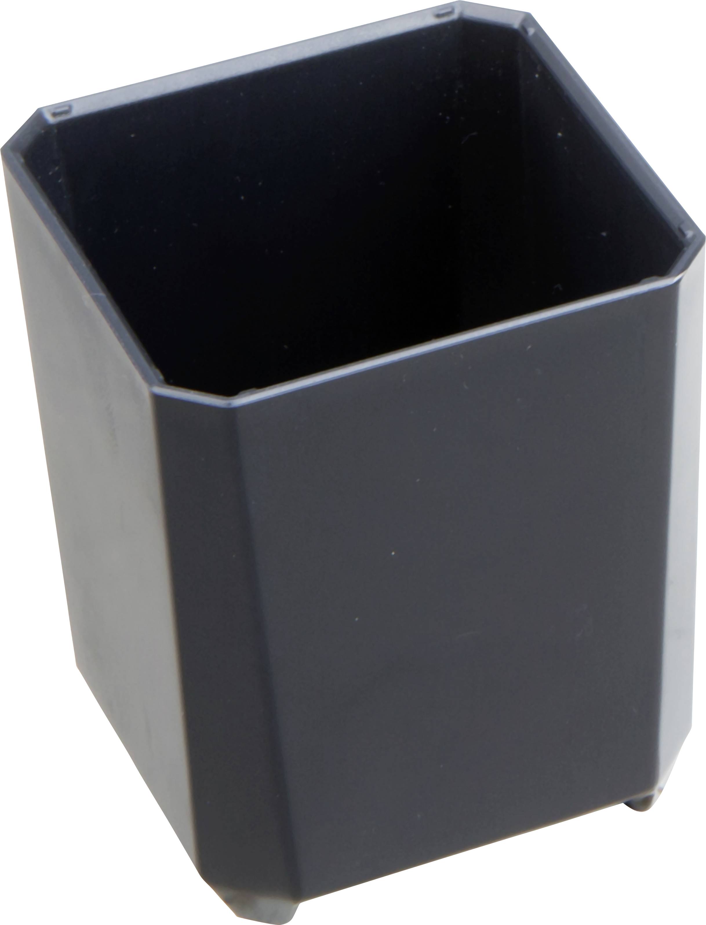 Crni šesterokutni držač olovaka od plastike, prazan, uspravno postavljen.