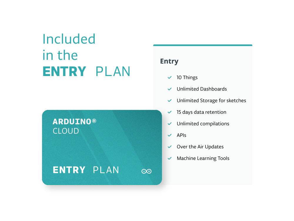 'Entry Plan' karta za Arduino Cloud. Popis funkcija: 10 stvari, neograničene nadzorne ploče, API pristup, alati za strojno učenje.