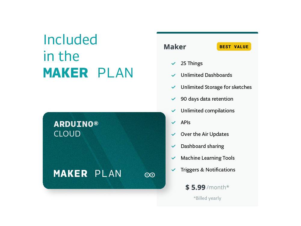 'Maker Plan': Arduino Cloud pretplata s 25 stvari, neograničenim kontrolnim pločama i pohranom, 90 dana zadržavanja podataka, alatima strojnog učenja, 5,99 USD/mjesečno.