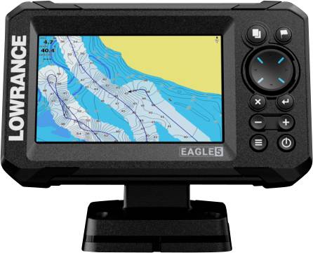 GPS navigacijski uređaj s obojenim zaslonom prikazuje kartu morskih dubina. Na uređaju piše 'LOWRANCE EAGLE5'.