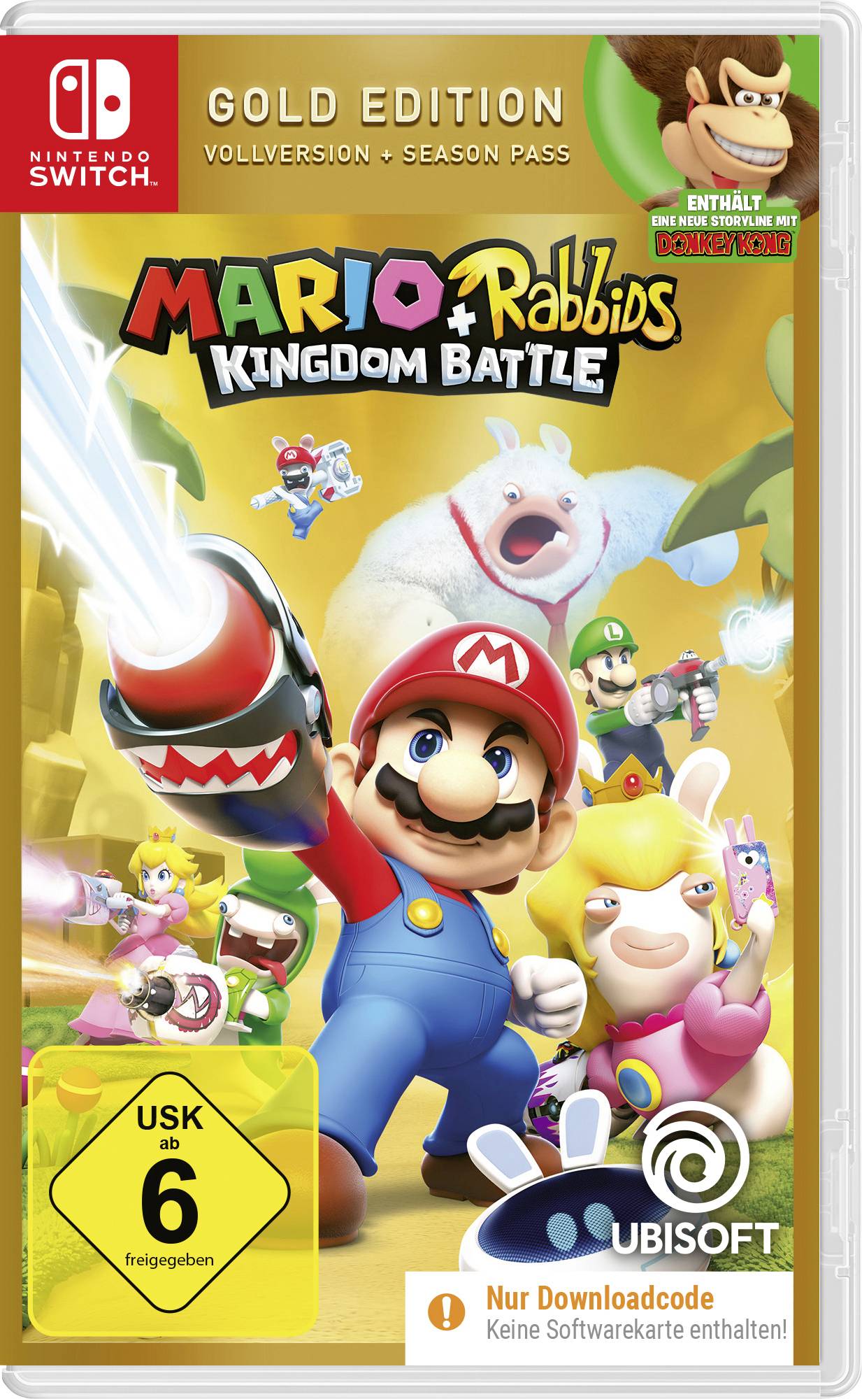 Videoigra 'Mario + Rabbids Kingdom Battle Gold Edition' za Nintendo Switch, prikazuje Maria i Rabbidse u akciji.