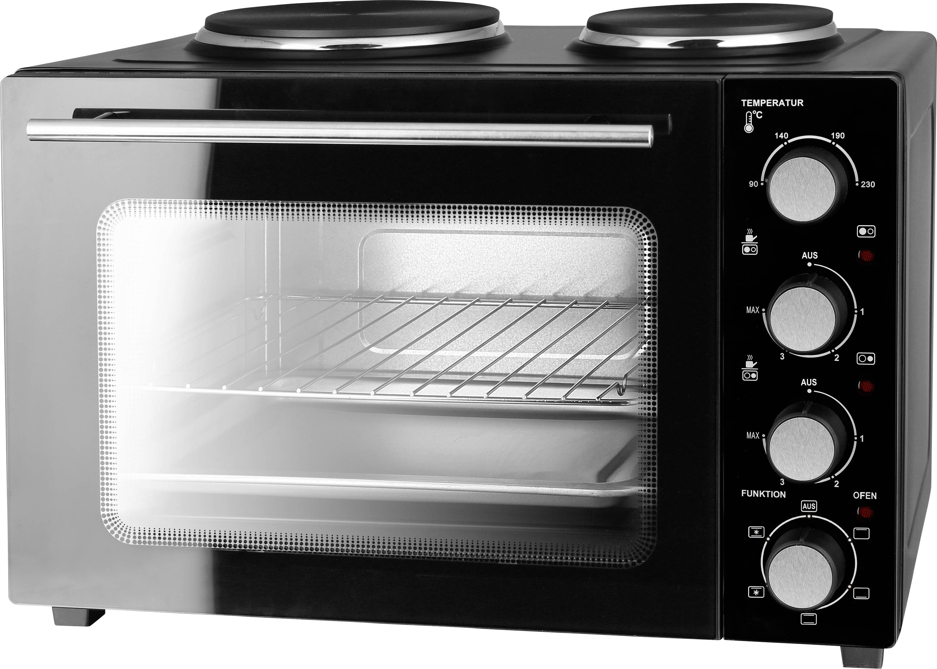 Crni mini-pećnica s dvije ploče za kuhanje gore, nekoliko okretnih gumba za podešavanje temperature i funkcija sa strane.