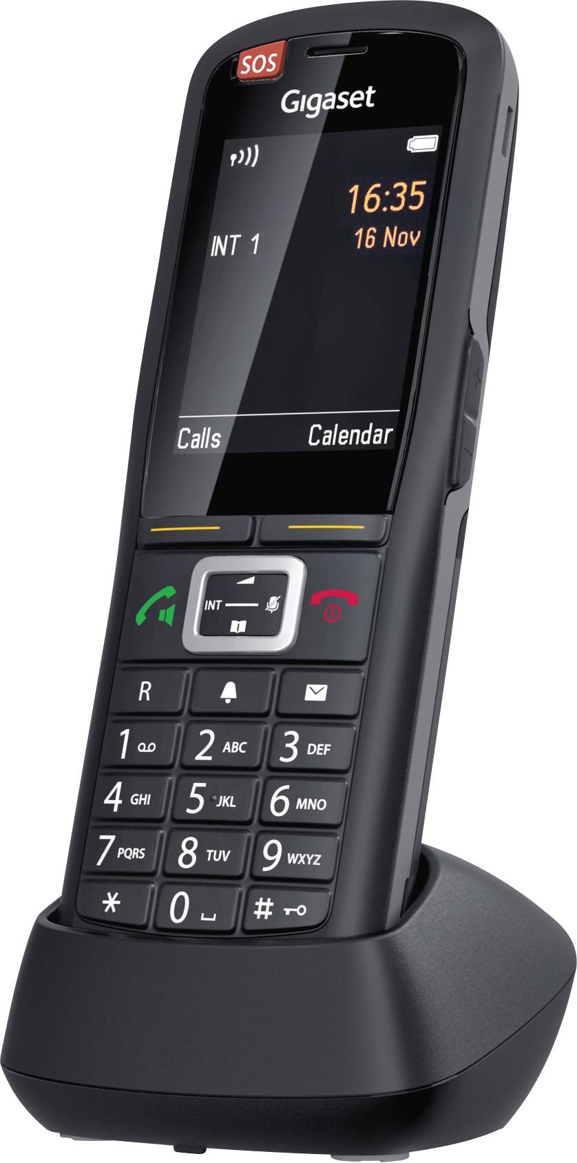 Crni bežični telefon na punjču prikazuje datum i vrijeme na zaslonu. Vidljive su tipke za poziv, kalendar i SOS funkciju.