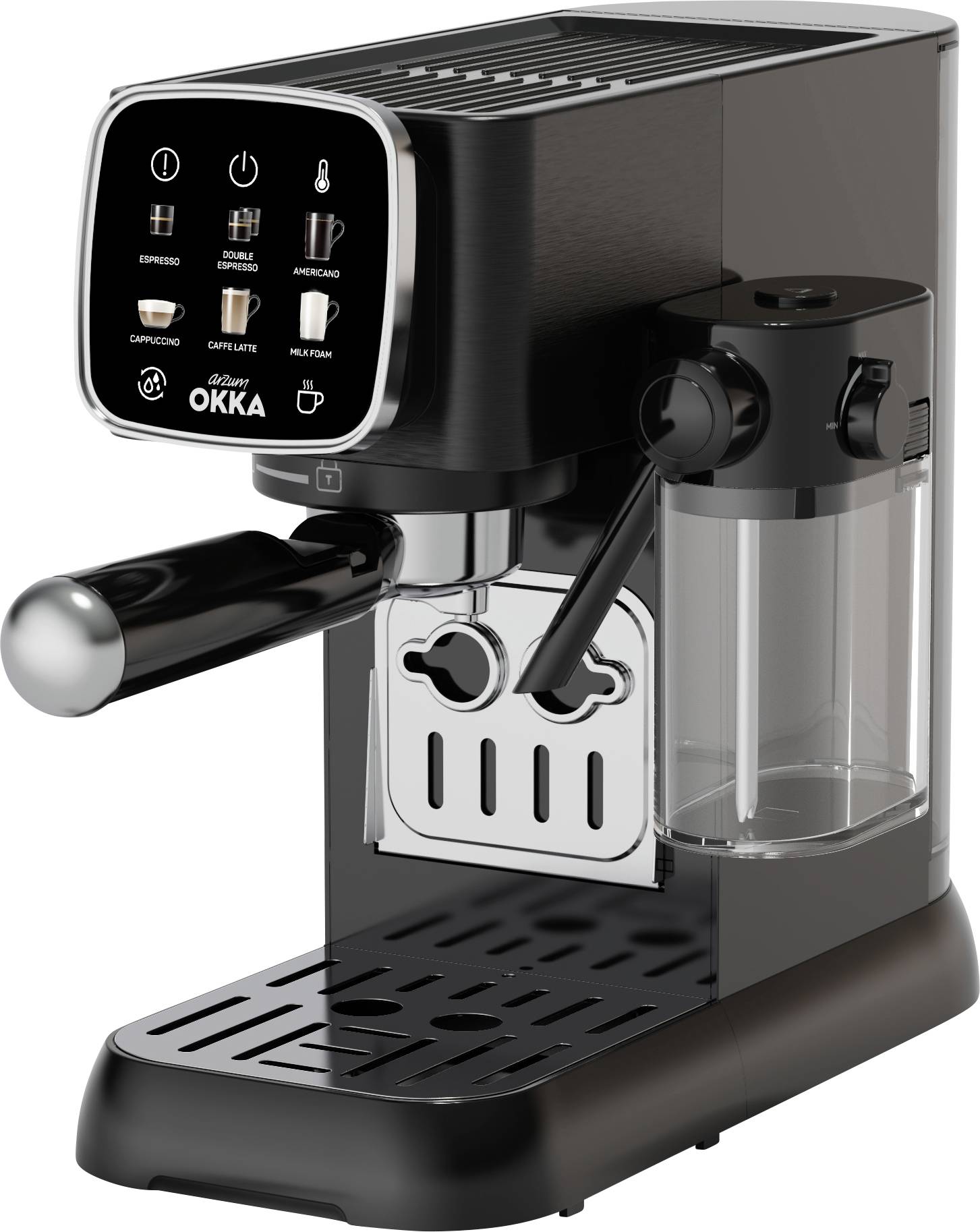 Aparat za kavu s davačem vode i parom; tipke za upravljanje za espresso, cappuccino i latte macchiato na prednjoj strani.