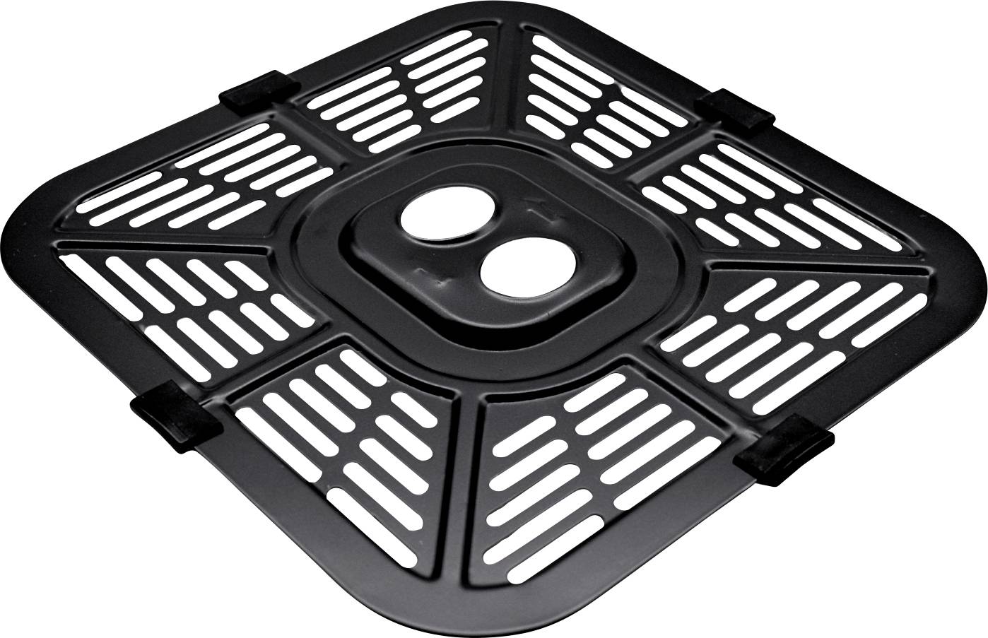 Crni pravokutni umetak rešetke za ventilaciju s otvorima, pogodan za zaštitu i prozračivanje ventilacijskog kanala ili poklopca.