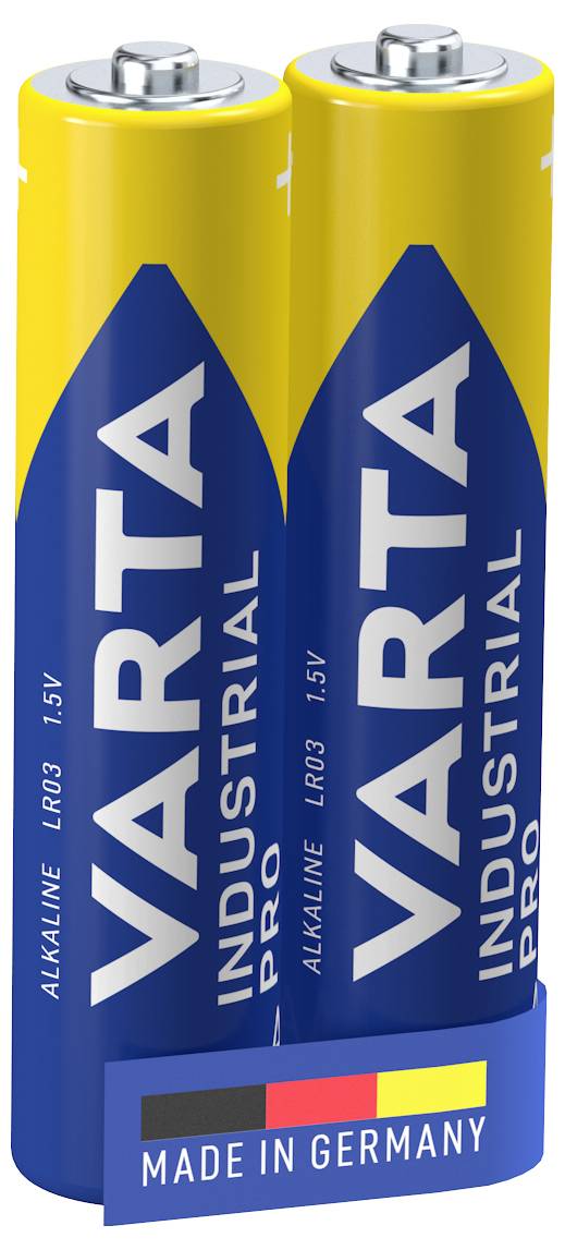 Dva Varta Industrial Pro akumulatora, žuti i plavi, stojeći jedan do drugoga. Natpis 'Made in Germany' na dnu ambalaže.
