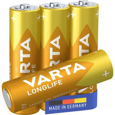 Četiri žute 'Varta Longlife' baterije jedna do druge, jedna leži u prvom planu s vidljivom oznakom. Natpis 'Made in Germany'.