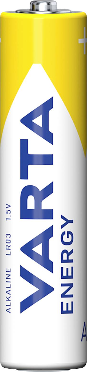 Baterija 'VARTA Energy', tip AAA, alkalna 1,5V, bijelo-žuti dizajn, vidljiva je samo strana sa natpisom.