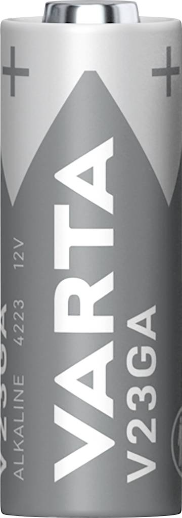 Srebrna baterija s natpisom 'VARTA V23GA, Alkaline, 12V'. Gornja i donja strana imaju Plus i Minus simbol.