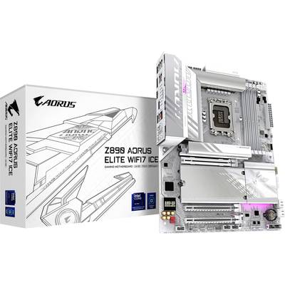 Gaming-matična ploča Z690 Aorus Elite WiFi 7 ICE, srebrni dizajn, okomito postavljena pokraj ambalaže, kompatibilna s Intel Core procesorima.