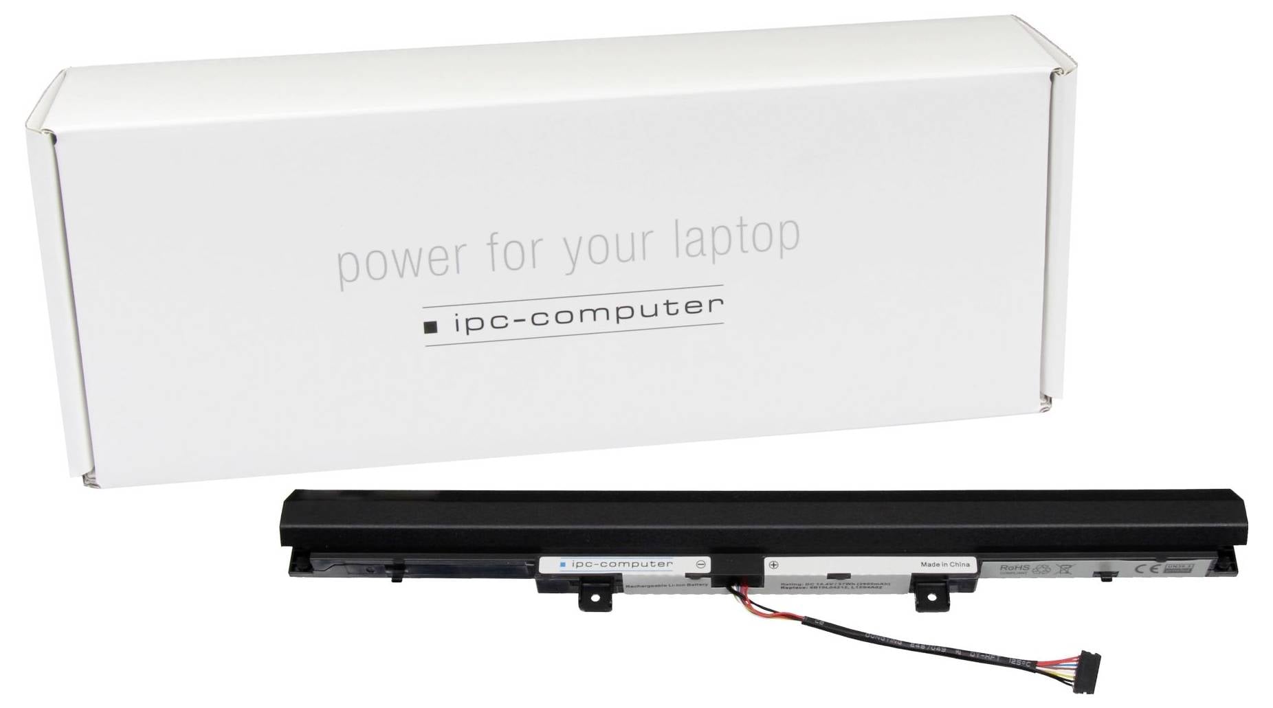 Laptop-baterija na bijeloj pozadini s ambalažom od 'ipc-computer'. Tekst na pakiranju: 'napajanje za vaš laptop'.