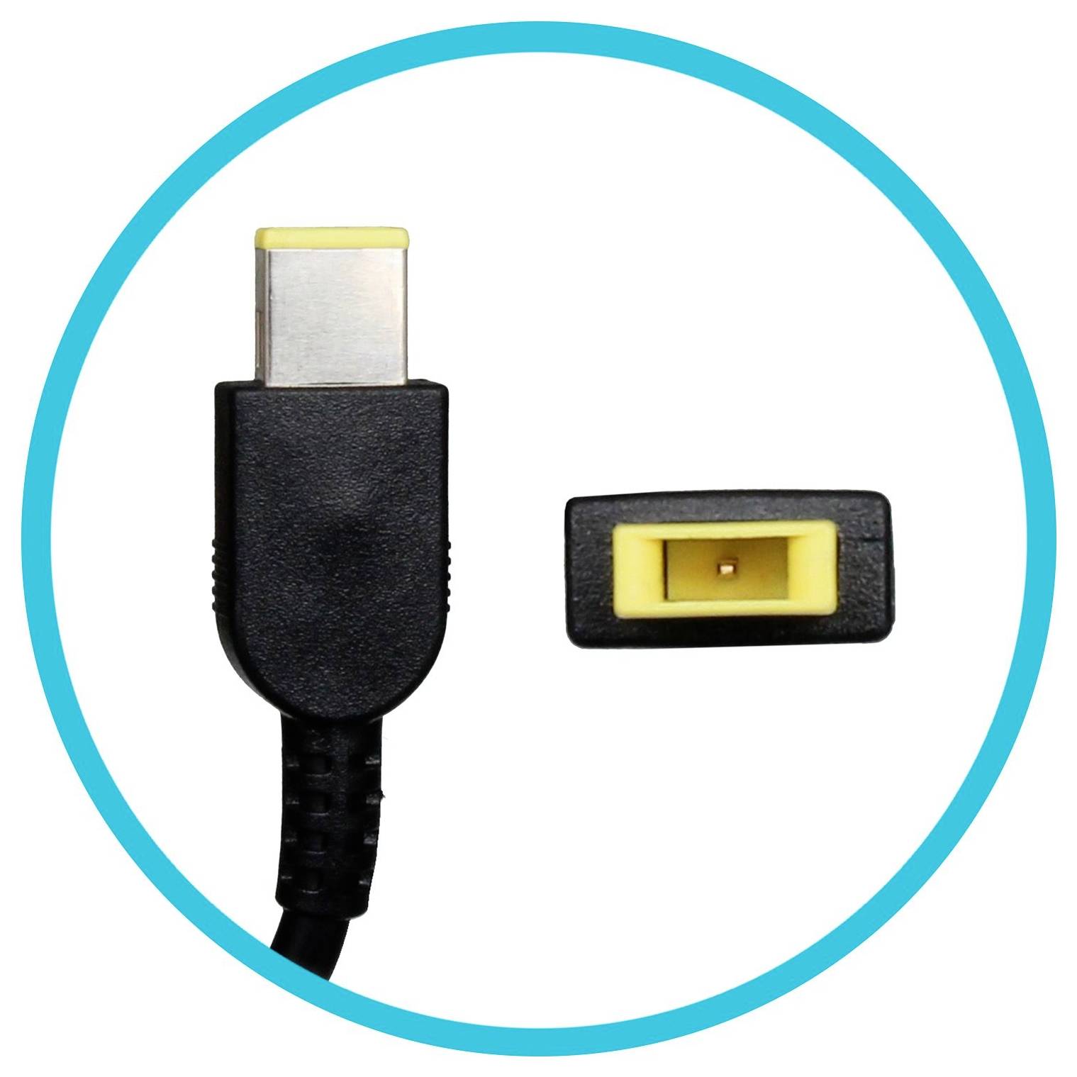 Crni kvadratni USB punjač/kabel sa žutim unutarnjim rubom, pogled sprijeda i sa strane.