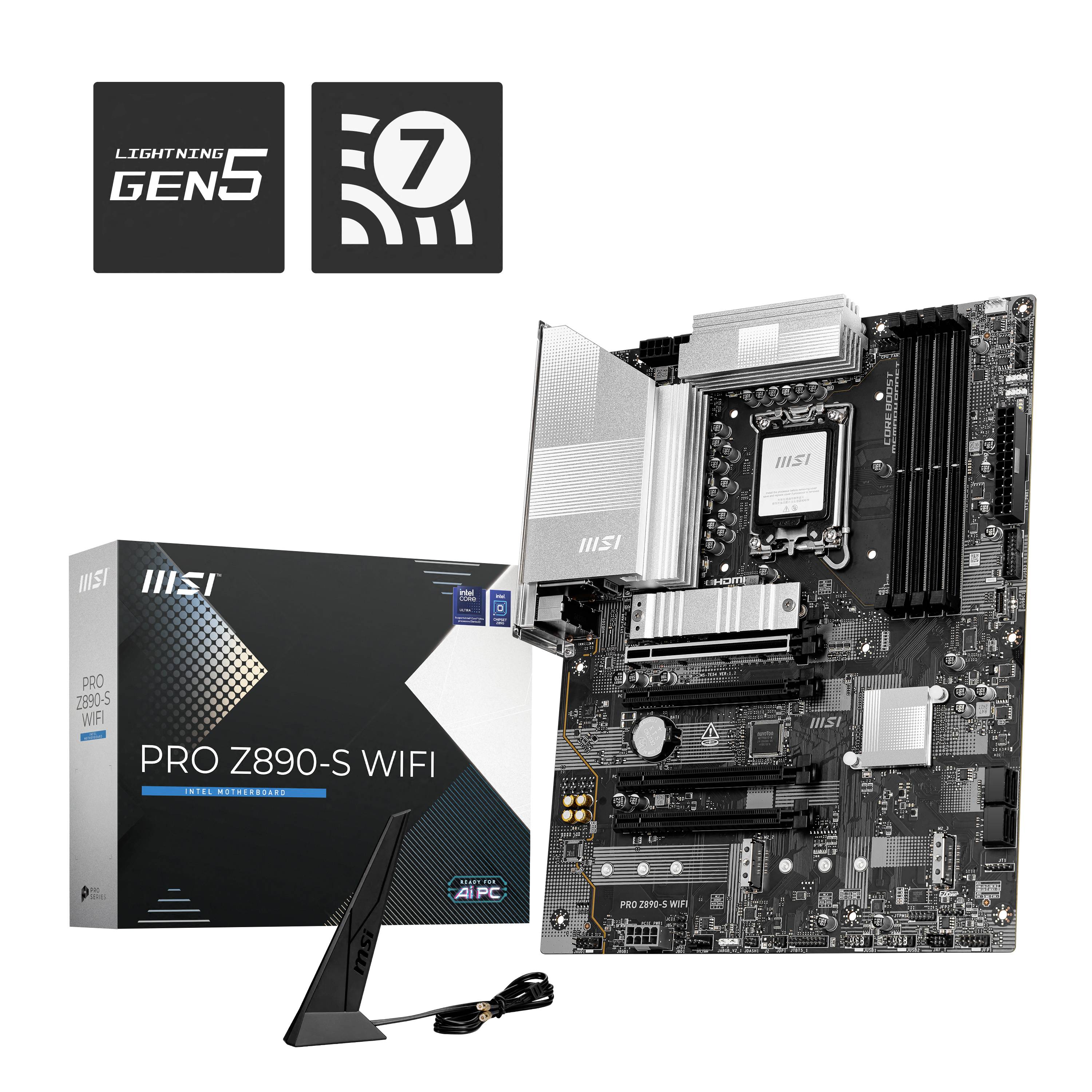 Matična ploča MSI PRO Z890-S WIFI s ambalažom, WLAN-antenom i simbolima 'LIGHTNING GEN5' i '7'. Funkcije: napredna WLAN povezivost.