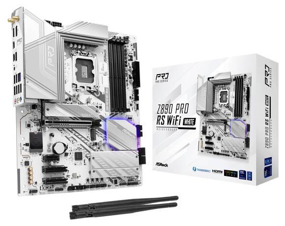 Slika prikazuje bijelu ASRock Z890 PRO RS WiFi matičnu ploču pored njezine ambalaže. Matična ploča ima nekoliko priključaka i hladnjaka.
