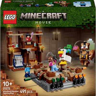 LEGO Minecraft set 'Woodland Mansion', prikazuje figure u borbi, sadrži 491 dijela, preporučeno za djecu od 10 godina. Uključuje izgradljivu scenu.