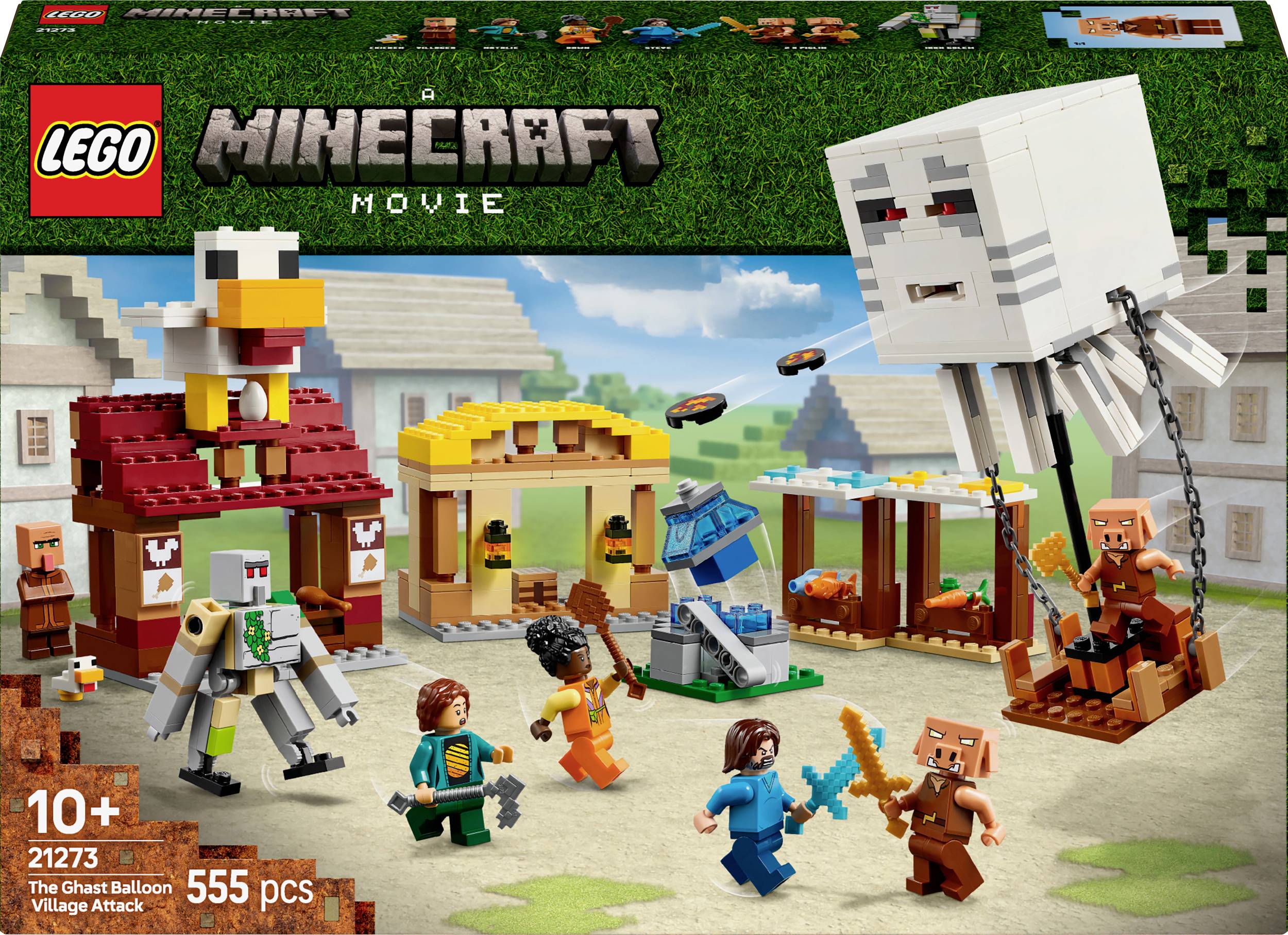 LEGO Minecraft set s figurama golema, duha i seoskih stanovnika u selu. Kutija prikazuje creature i broj dijelova: 555.