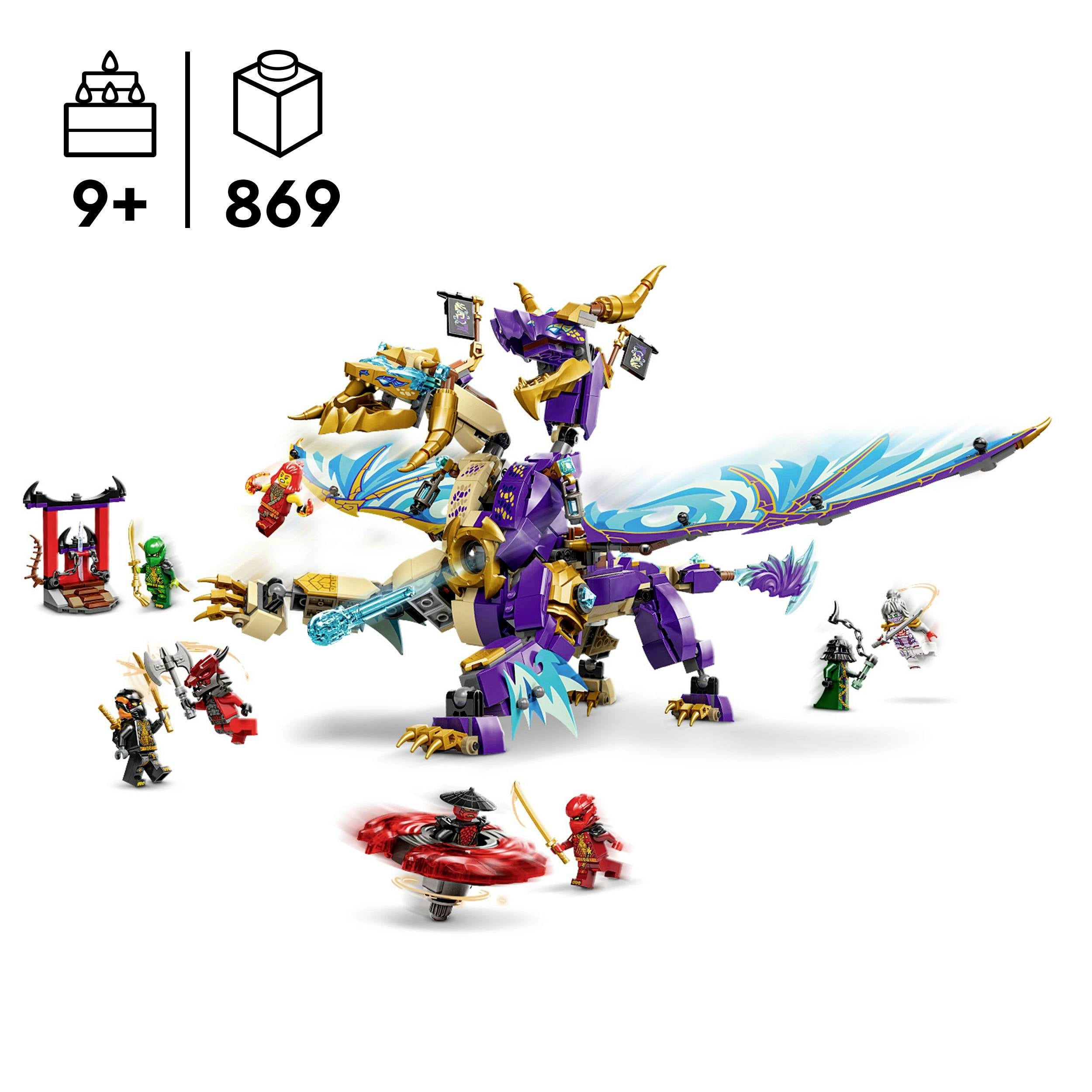 LEGO set od 9 godina sa 869 dijelova: Veliki, šareni zmaj u ljubičasto-plavoj boji s krilima i dodatnom opremom; šest figura, uključujući ninja borce.