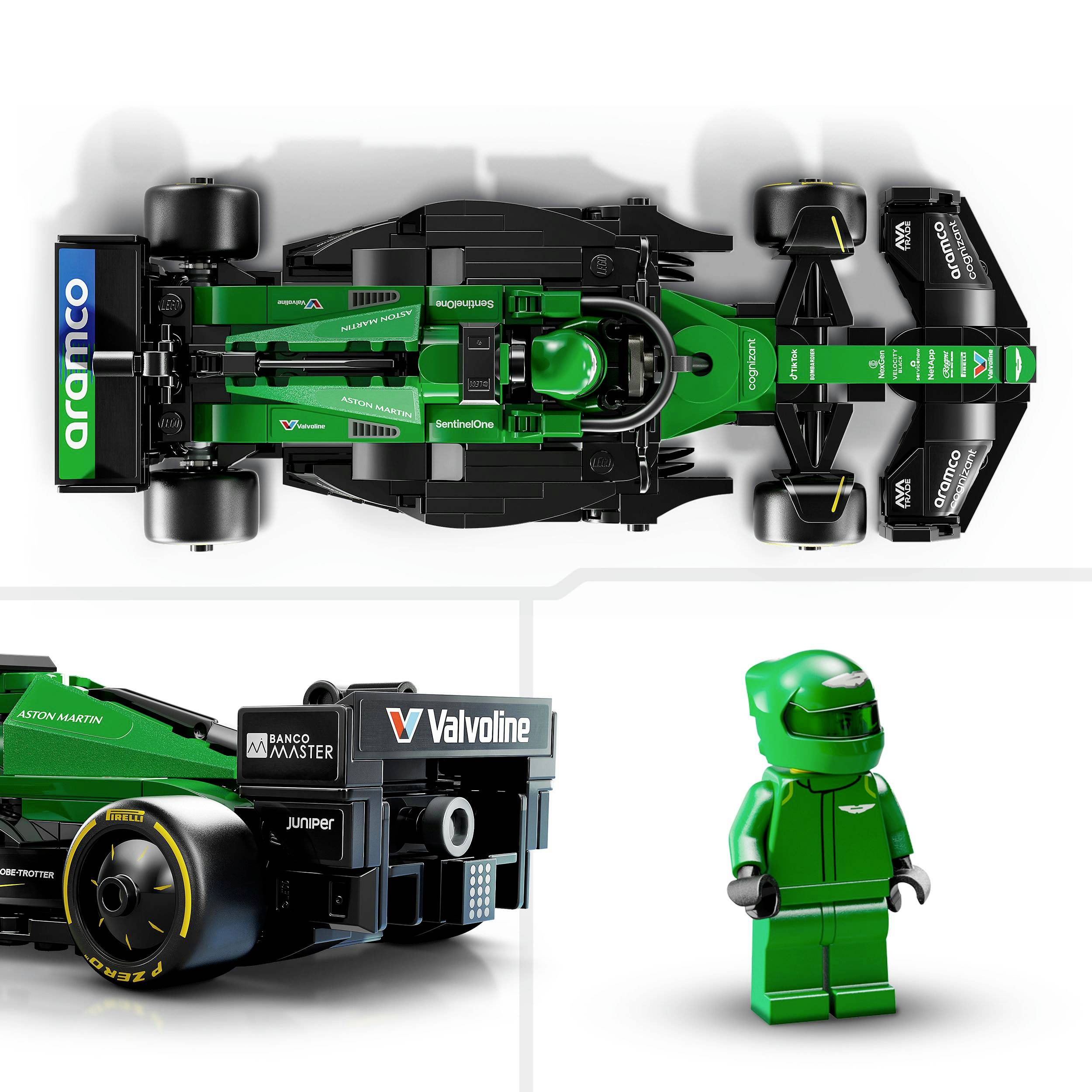 Zeleni Formule 1 automobil odozgo; vidljiva logotipa marke. Pored prikaza modelskog automobila prikazana je i odgovarajuća Lego figura.
