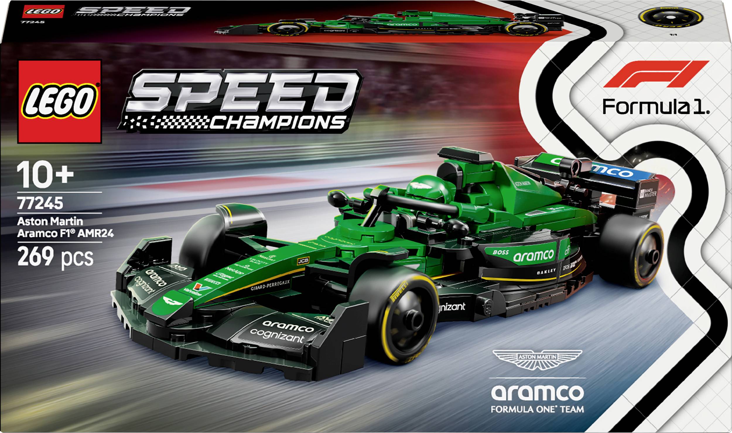LEGO Speed Champions set 'Aston Martin Aramco F1'. Sadrži 269 dijelova, preporučeno za djecu od 10 godina. Ambalaža prikazuje zeleni Formula 1 automobil.