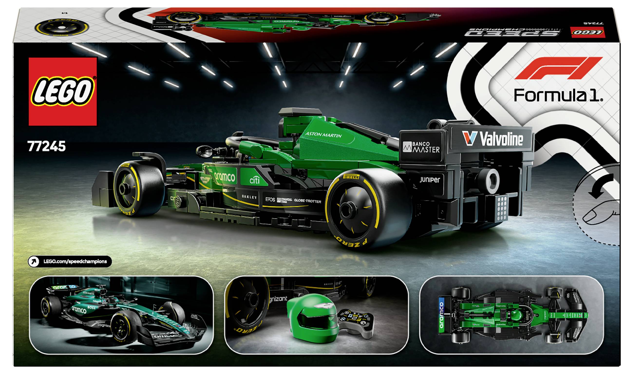 LEGO Formula 1 bolid - kutija kompleta. Prikazuje zeleni model utrkaćkog automobila odozgo i sa strane, uključujući i kacigu. Sadrži 245 dijelova.