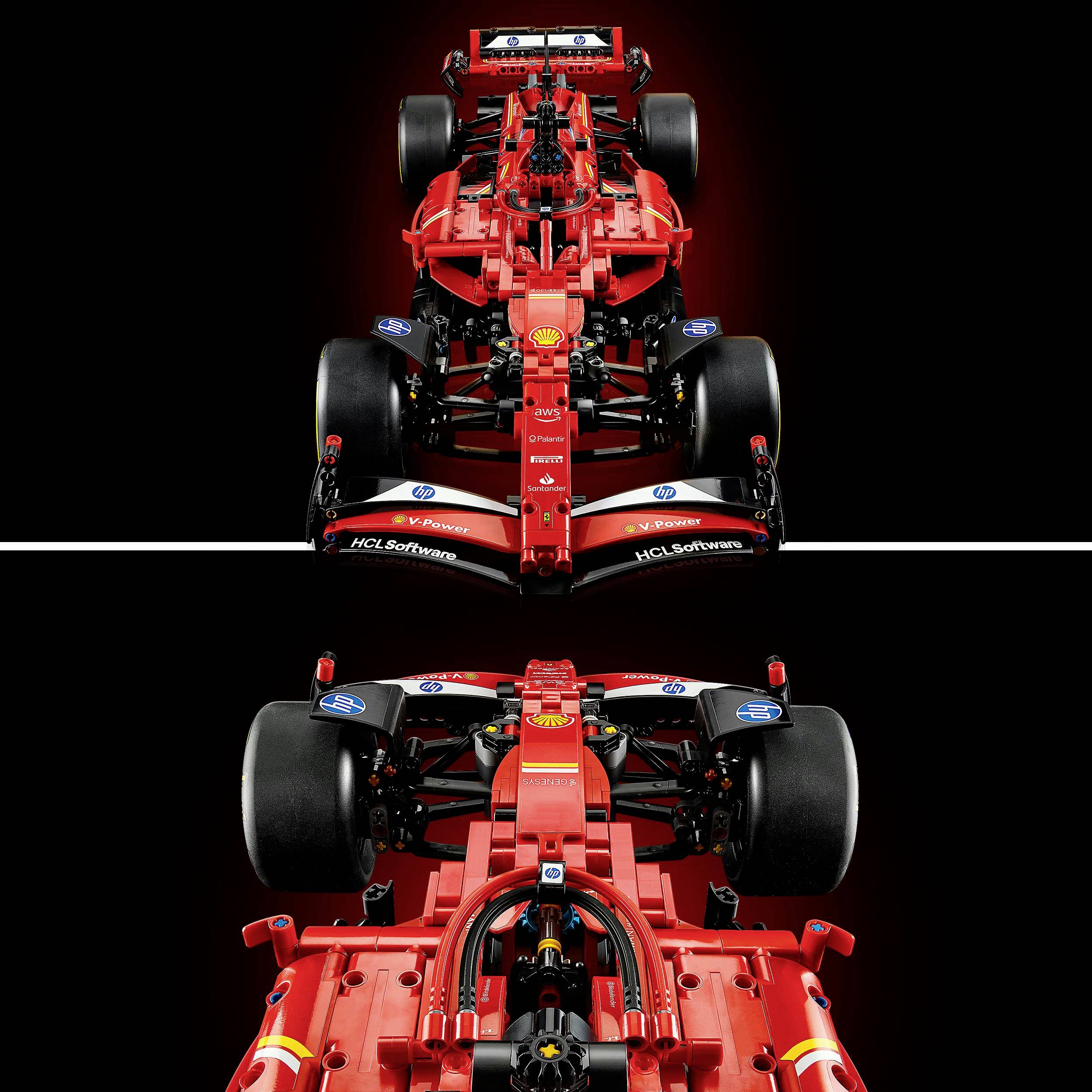 Crveni modelni automobil, inspiriran Formulom 1 racing automobilom, prikazuje prednji i stražnji pogled. Ima detaljne naljepnice i komponente.
