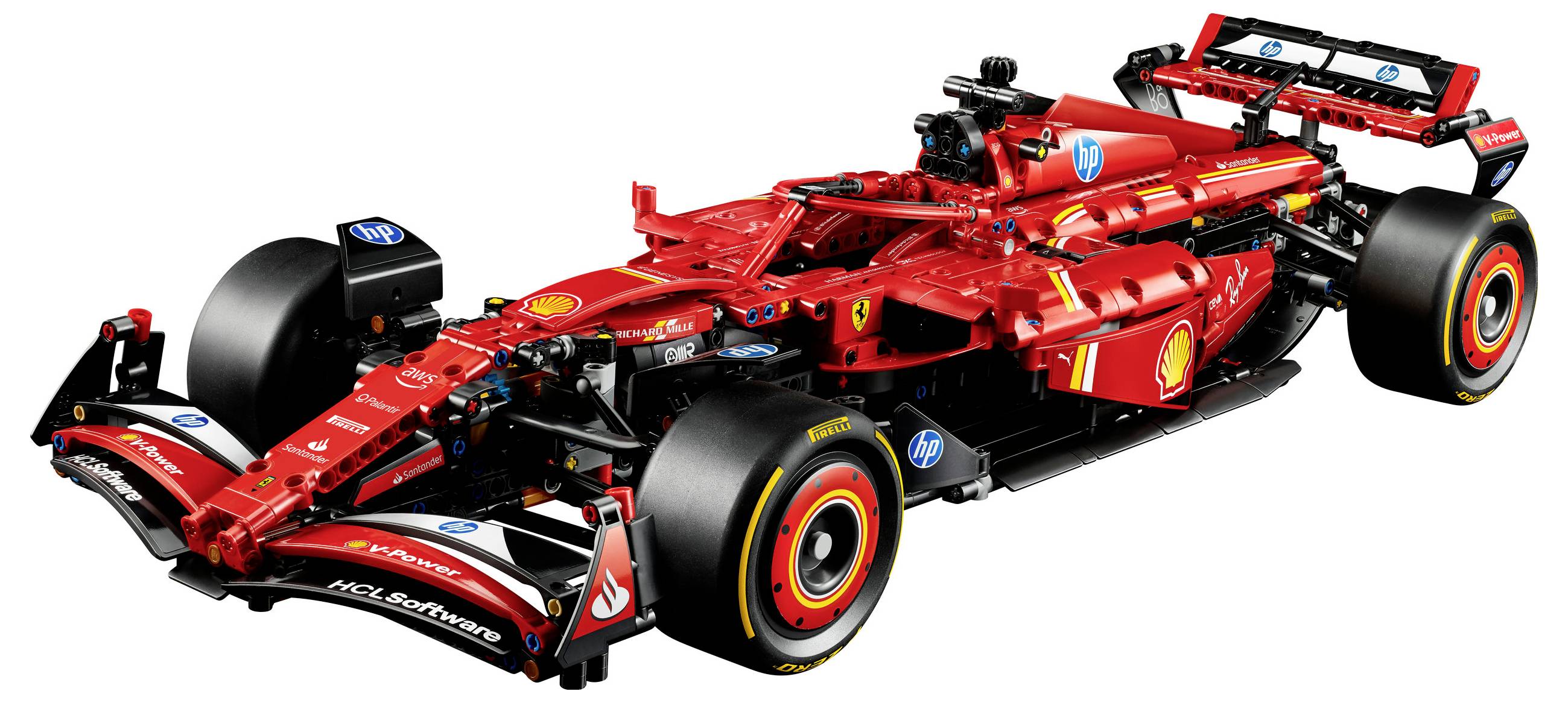 Crveni model Formule 1 automobila iz LEGO-a, oblikovan detaljnim naljepnicama i dijelovima, predstavlja pravi F1 vozač.