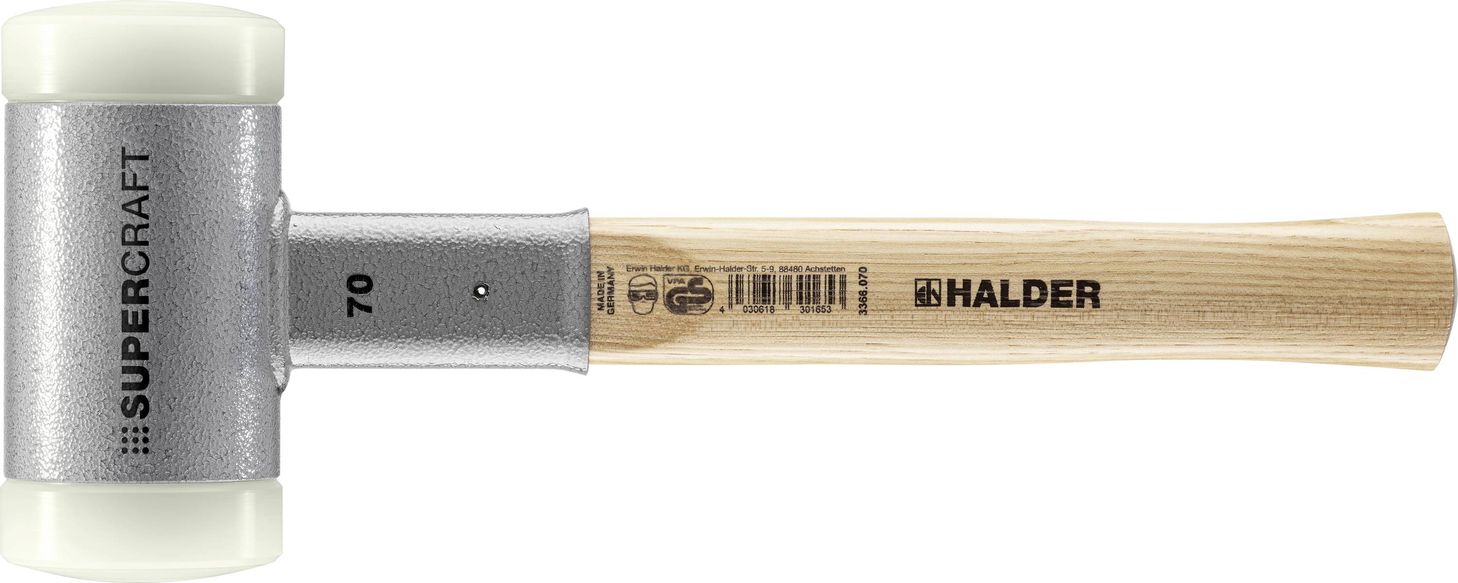 Gumeni čekić s plastičnom glavom i drvenom ručkom. Na ručki piše 'HALDER' i 'SUPERCRAFT'.